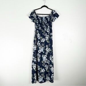 ALTAR’D STATE Blue Floral Smocked Bodice On/Off Shoulders Side Split Maxi Dress